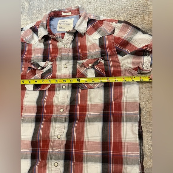 American Eagle Vintage Fit Short Sleeve Shirt Sz Medium Plaid Western Pearl Snap - Picture 3 of 9
